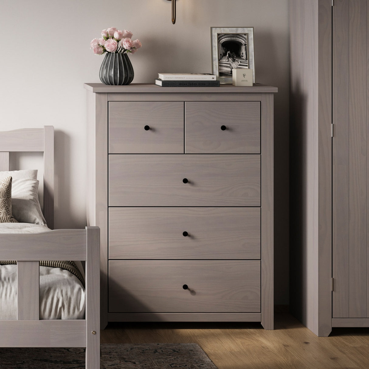 Havana 5 Drawer Chest of Drawers - Grey with Pewter