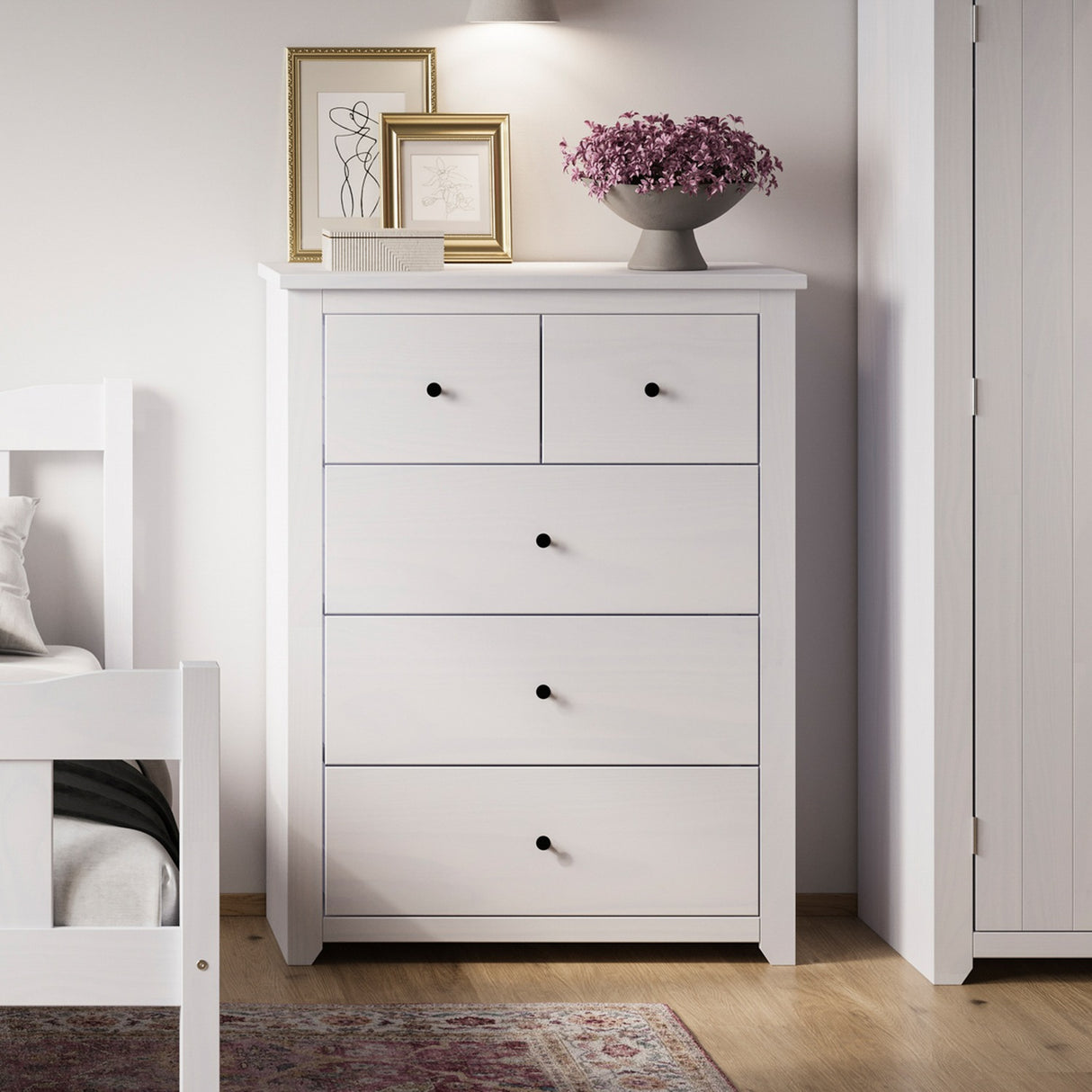 Havana 5 Drawer Chest of Drawers - White with Pewter