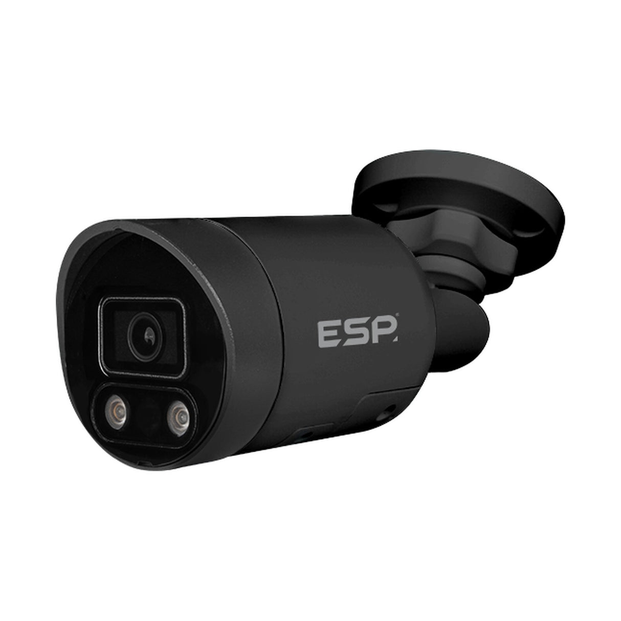 ESP HDview 4MP PoE IP bullet camera in black with 2.8mm lens, dual LEDs and wall bracket on a plain white background.
