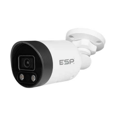 ESP HDview 4MP PoE bullet camera in white with black 2.8mm lens surround, dual LEDs and wall bracket, shown on a plain white background.