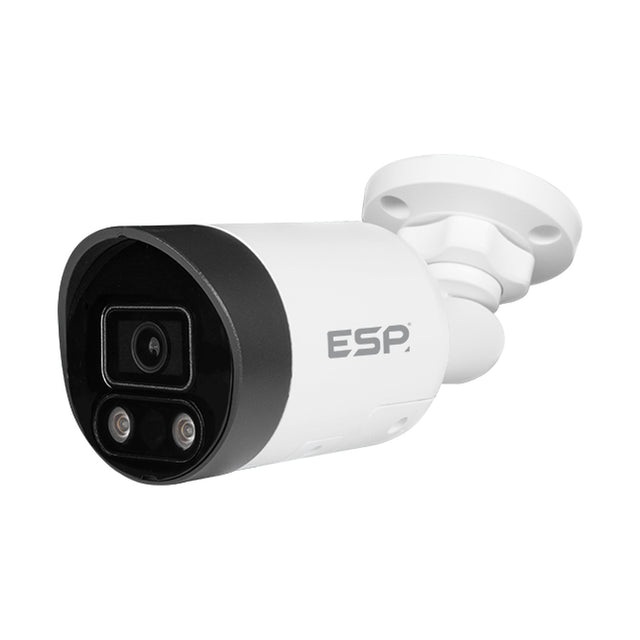 ESP HDview 4MP PoE bullet camera in white with black 2.8mm lens surround, dual LEDs and wall bracket, shown on a plain white background.