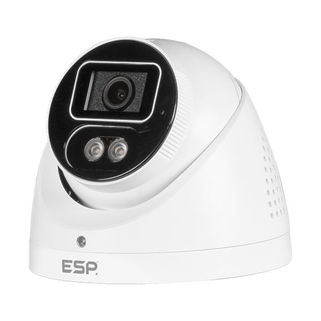 ESP HDview IP 24/7 4MP 2.8mm PoE turret camera in white with central lens and dual LEDs, shown against a plain white background.