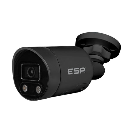 ESP HDview IP 8MP 2.8mm PoE bullet camera in black with fixed lens, dual LEDs and wall bracket, shown against a plain white background.