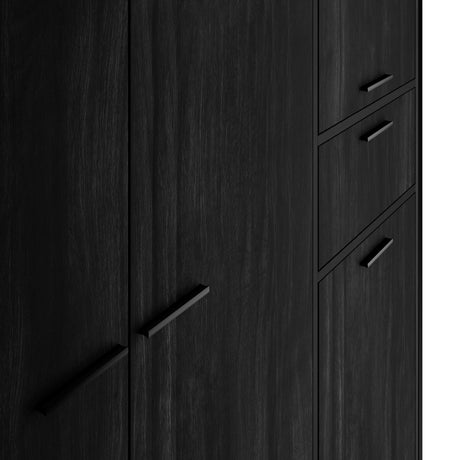 Close-up of the Hoxton 2 Door Wardrobe in black wood effect finish, showing angled black handles and vertical door seams on adjacent side units.