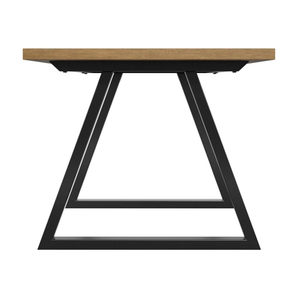 Hyde dining table end-view showing a whiskey wood-effect top on a black metal trapezoid leg frame with cross bar support, set against a plain white background.
