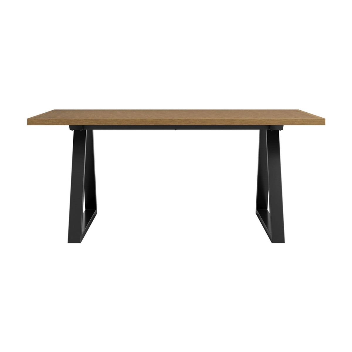 Hyde dining table with a whiskey-toned wood-effect top and angled black metal trestle legs, shown on a plain white background.