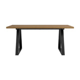 Hyde dining table with a whiskey-toned wood-effect top and angled black metal trestle legs, shown on a plain white background.