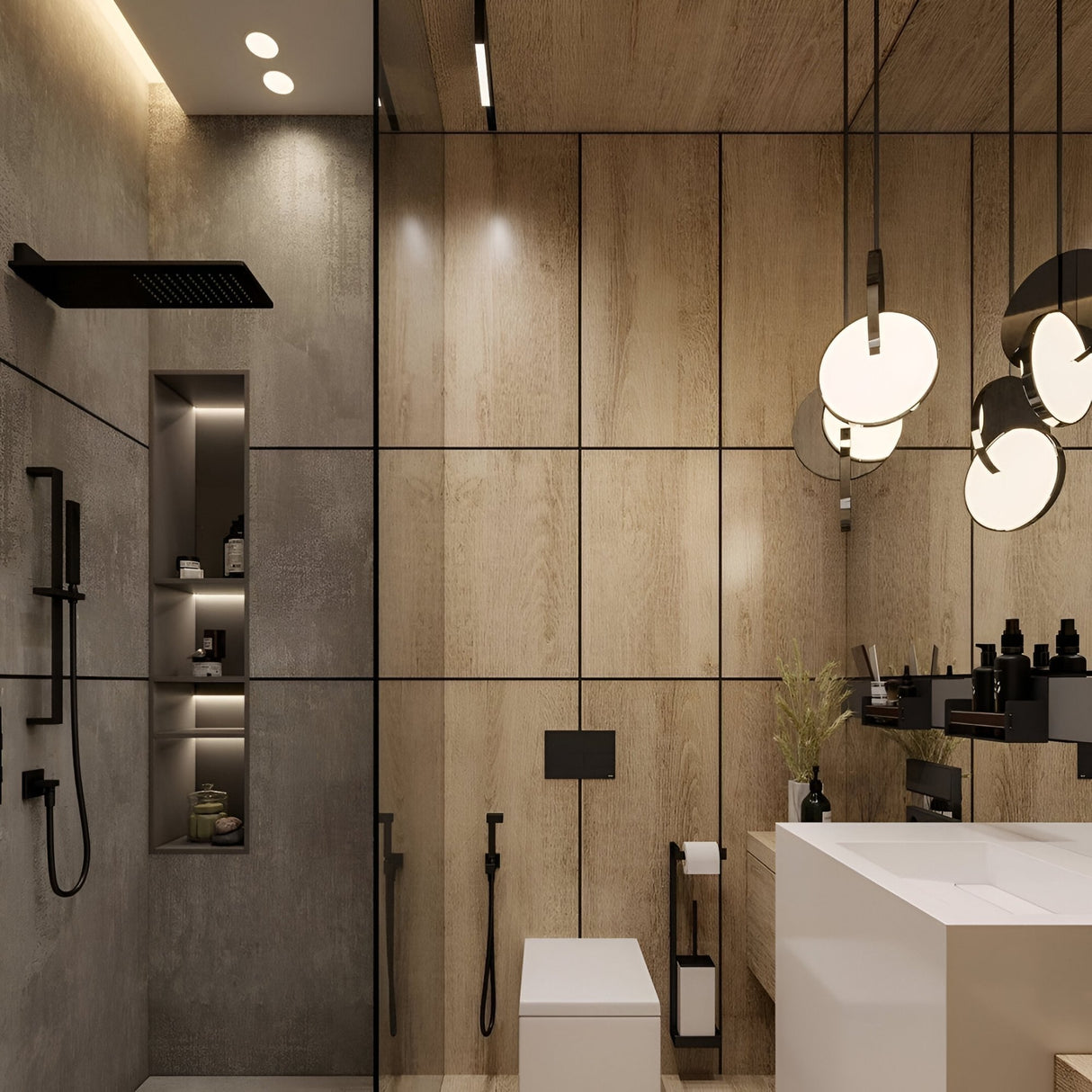 Modern bathroom with light wood-paneled walls, walk-in shower with matte black fixtures, built-in shelving, floating toilet, large mirror, minimalistic sink, and the Half Moon LED Pendant Light - Silver for energy-efficient minimalist lighting.