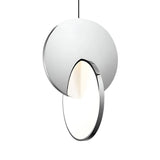 The Half Moon LED Pendant Light - Silver features two intersecting discs—one metallic and one illuminated—suspended by a thin black cord, making it ideal for contemporary modern interiors.