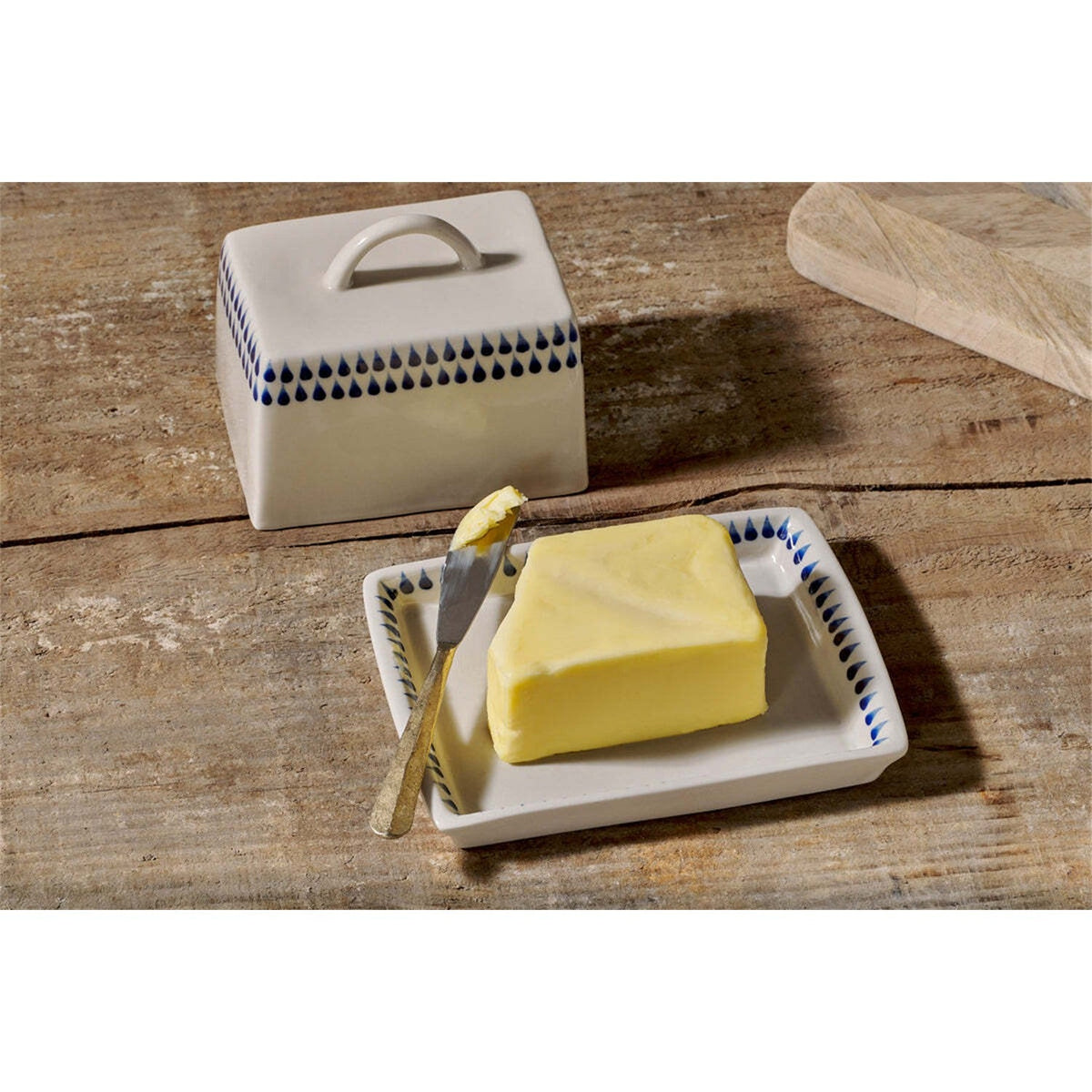 Indigo Drop Ceramic Butter Dish - Cream & Indigo