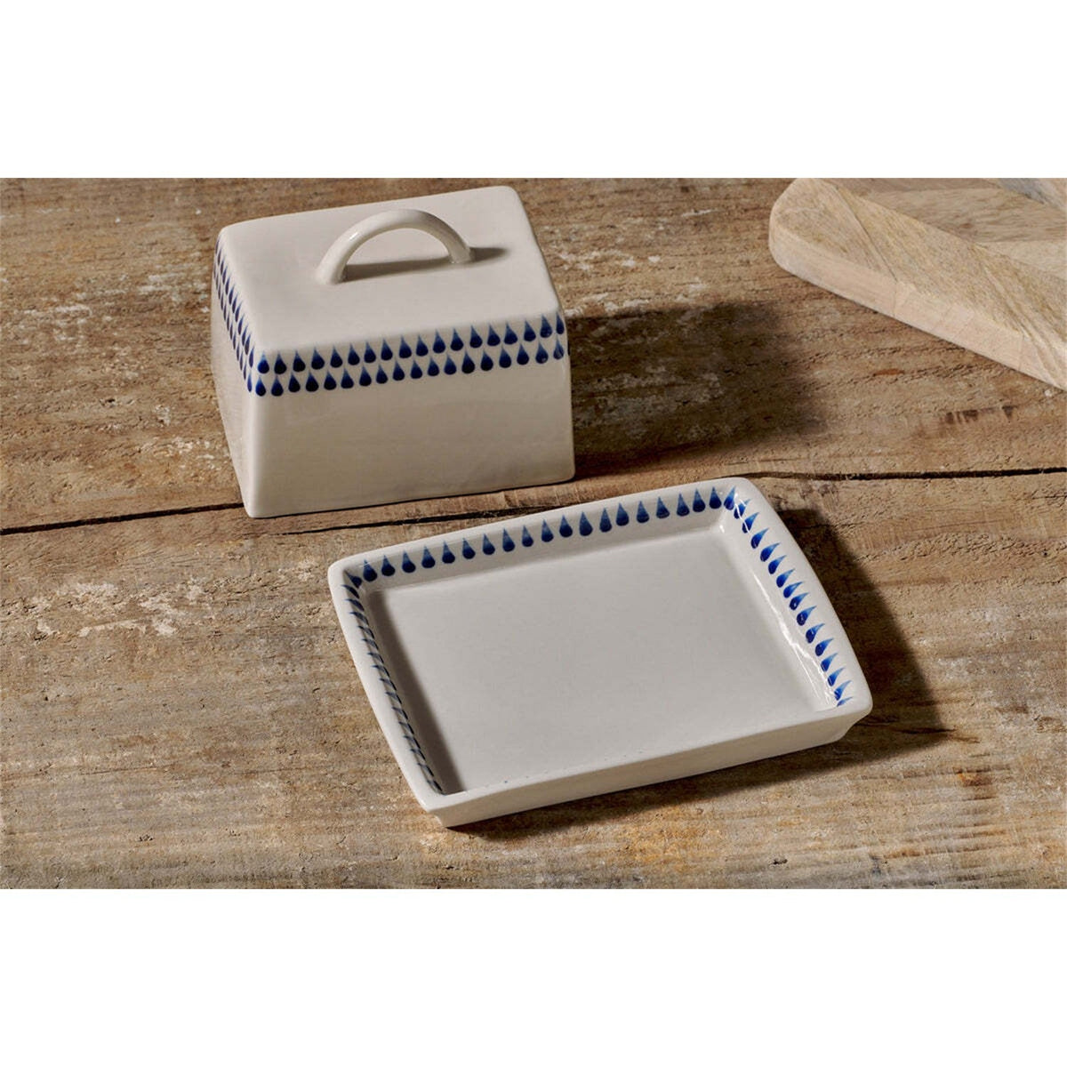 Indigo Drop Ceramic Butter Dish - Cream & Indigo