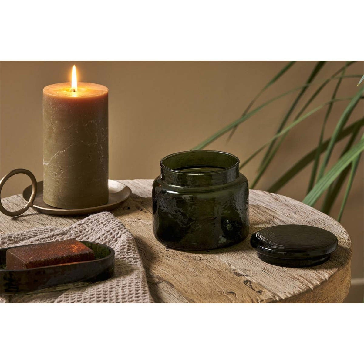 Ilcoso Recycled Hammered Glass Storage Pot - Green in a bathroom, view 2