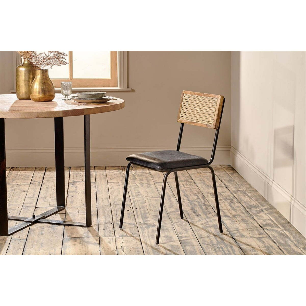 Iswa Leather & Cane Dining Chair - Black