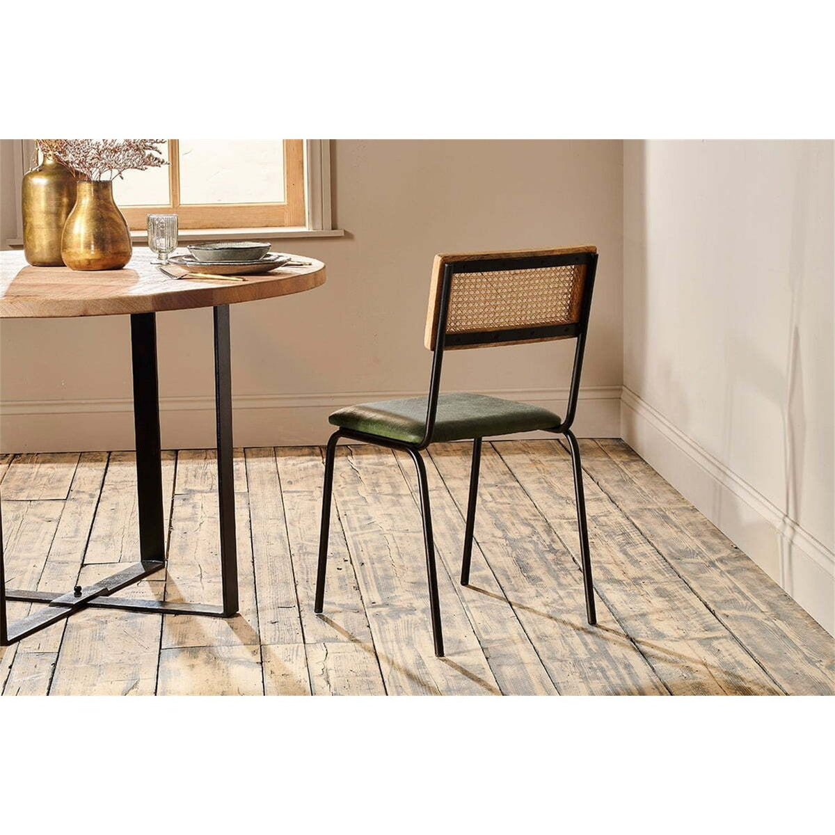 Iswa Leather & Cane Dining Chair - Green