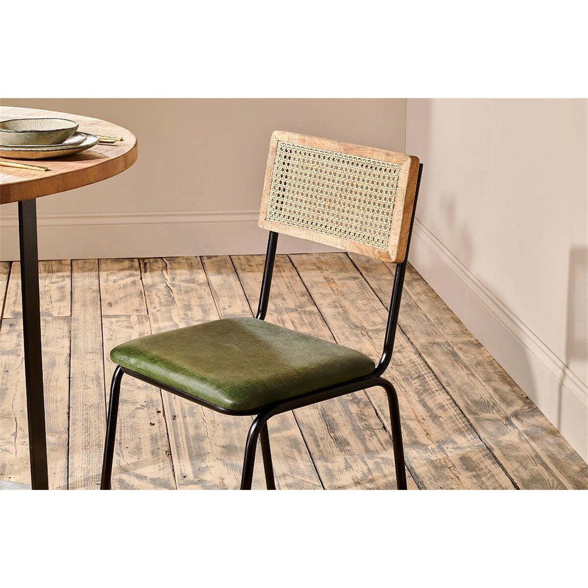 Iswa Leather & Cane Dining Chair - Green