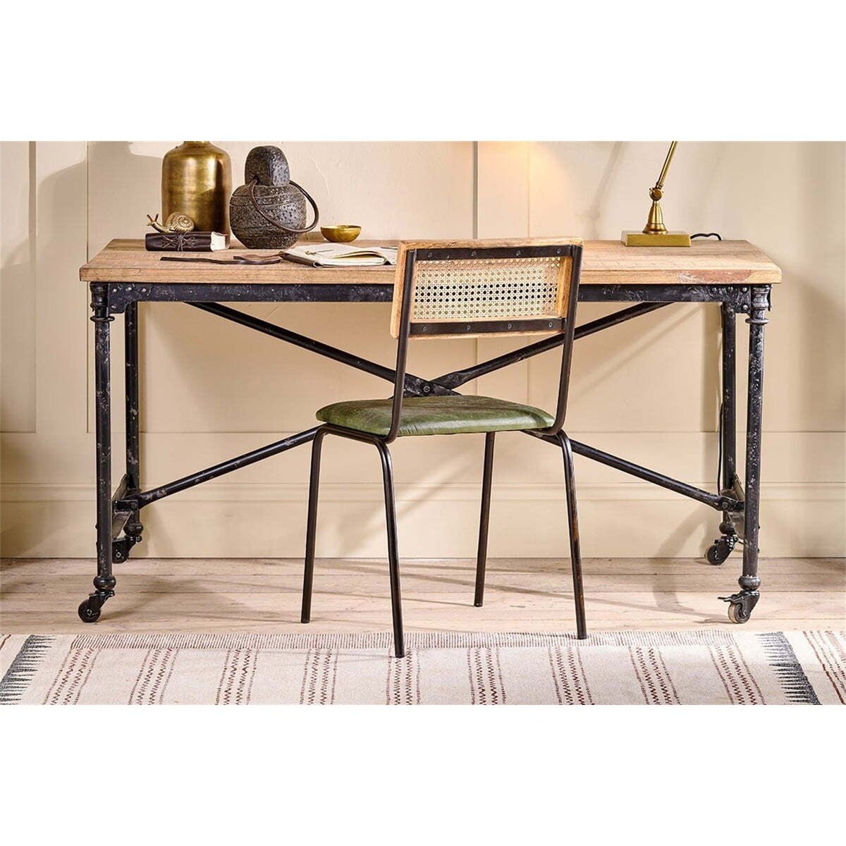 Iswa Leather & Cane Dining Chair - Green