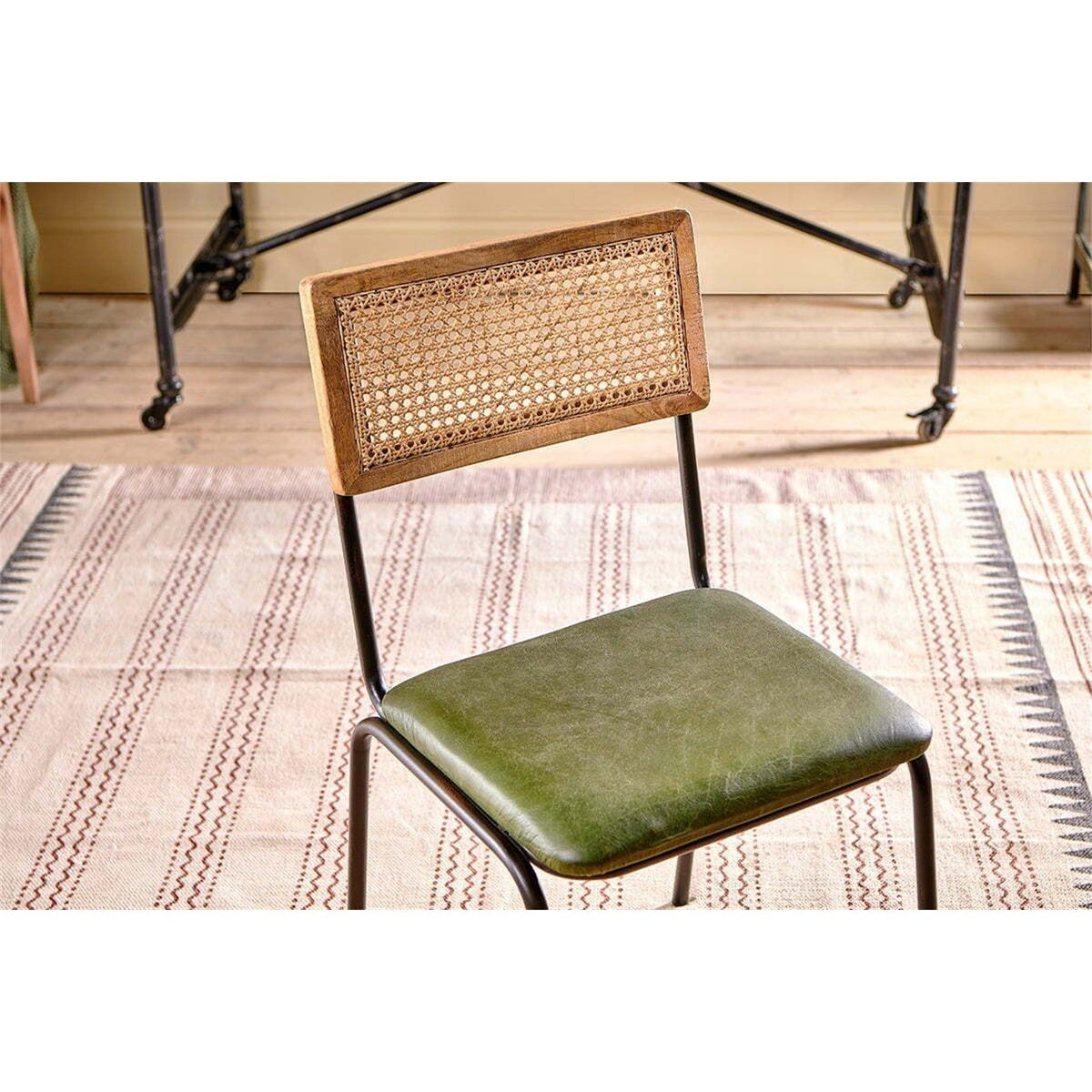 Iswa Leather & Cane Dining Chair - Green