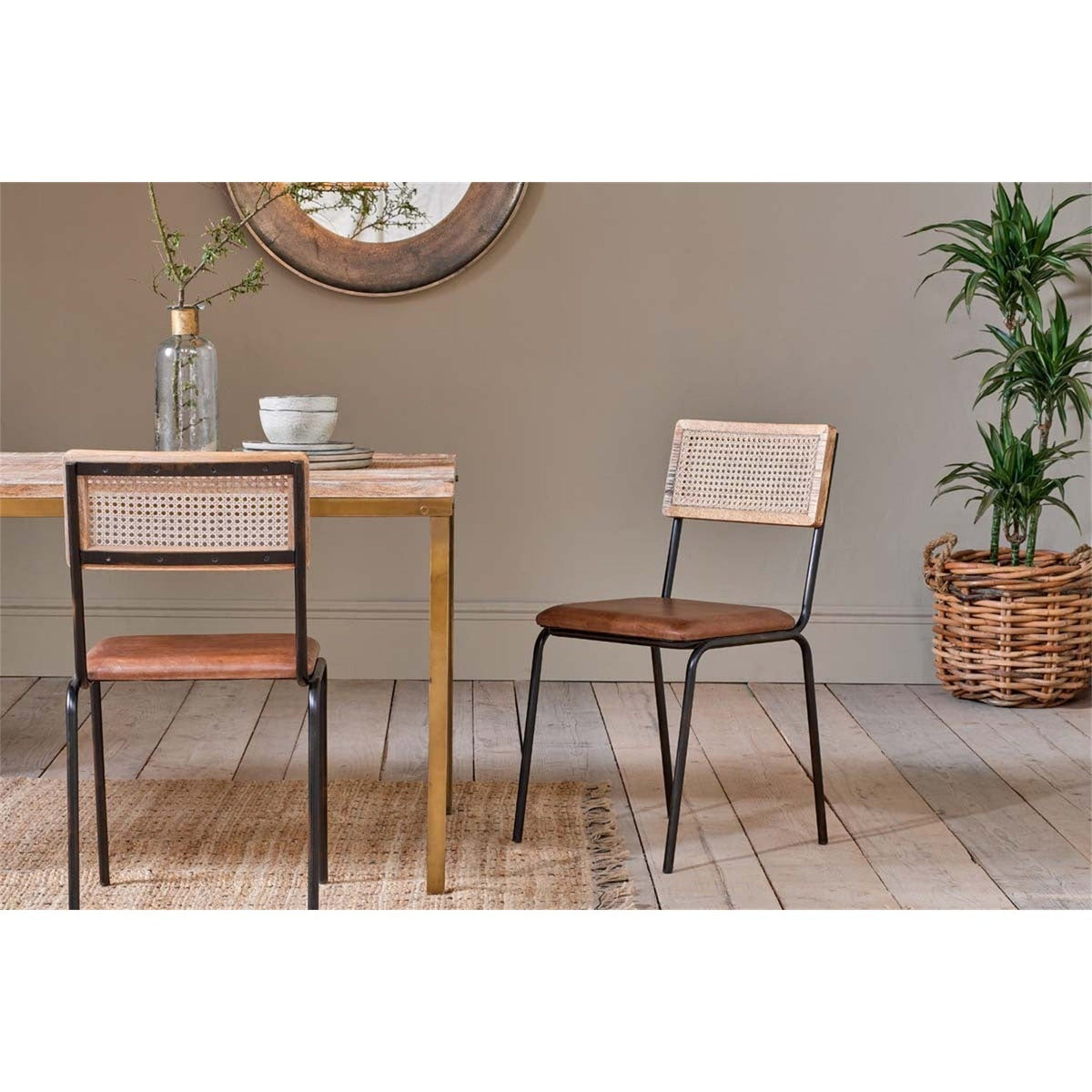 Iswa Leather & Cane Dining Chair - Tan