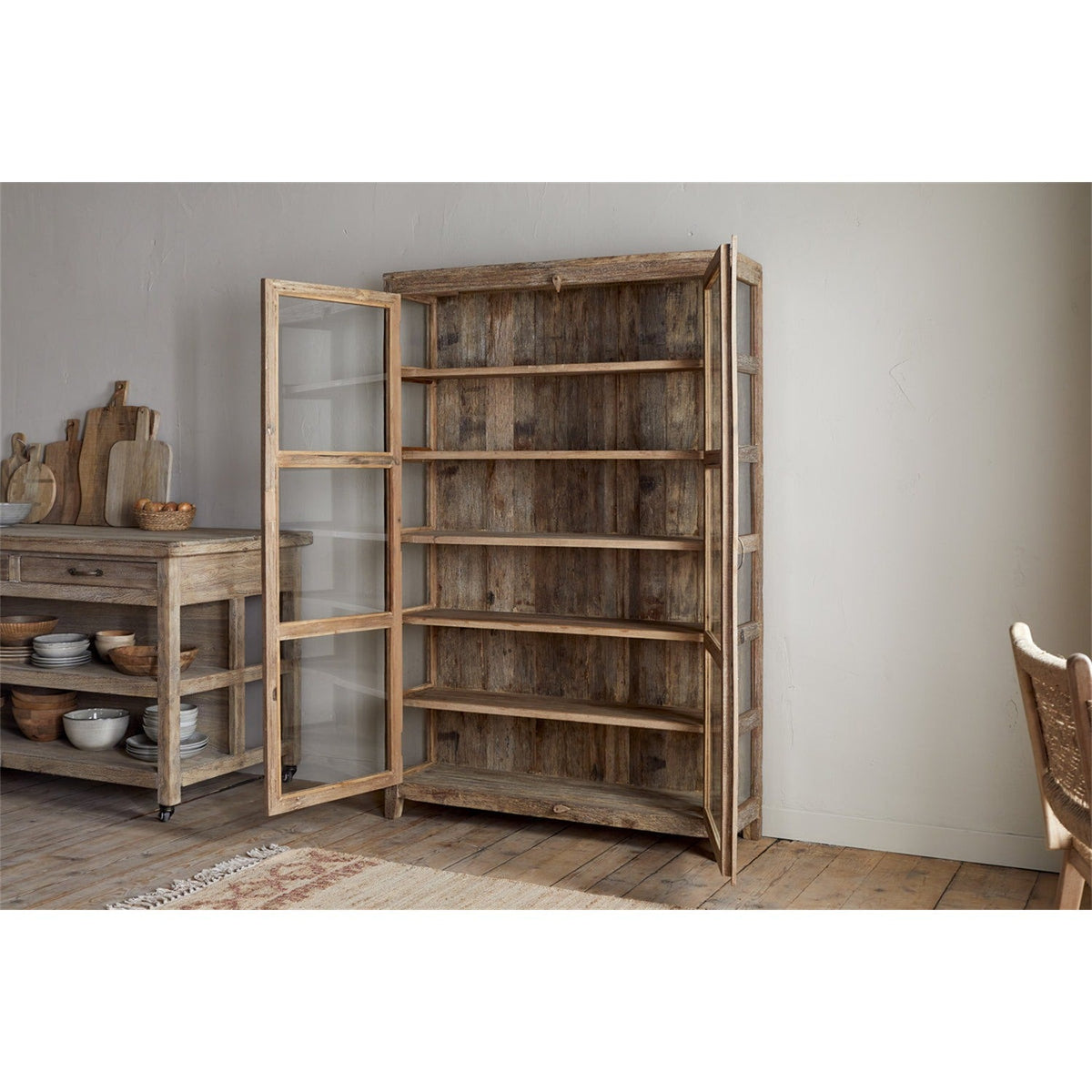 Ibo Wide Reclaimed Wood & Glass Display Cabinet - Natural