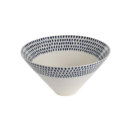 Indigo Drop Large Serving Bowl in cream ceramic with a conical shape, narrow foot, and a band of indigo teardrop motifs around the rim, shown on a plain white background.