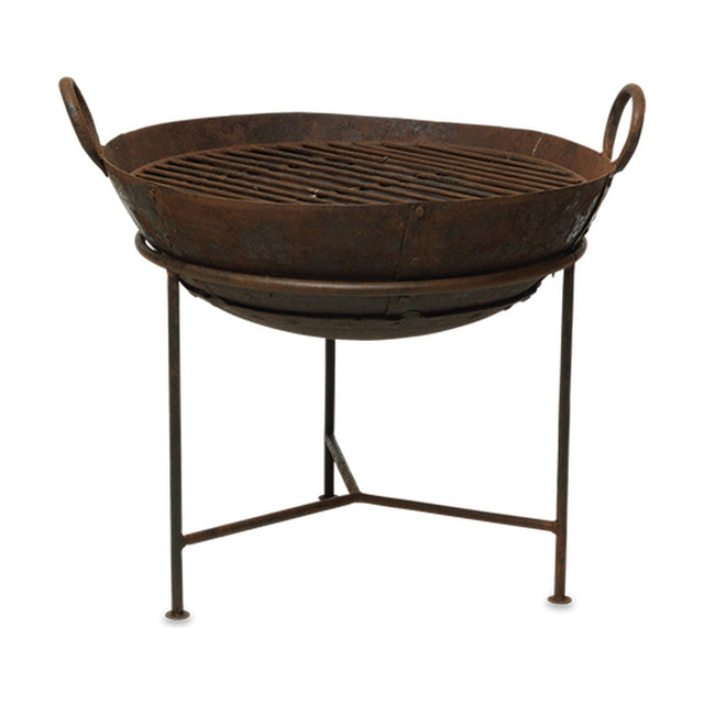Small Reclaimed Iron Kadai Fire Pit with Grill - Grey