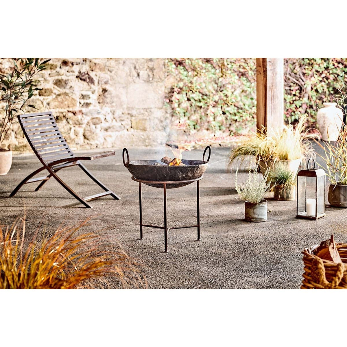 Small Reclaimed Iron Kadai Fire Pit with Grill - Grey