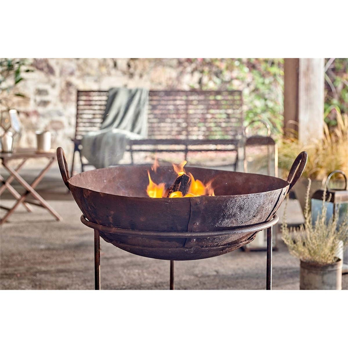 Small Reclaimed Iron Kadai Fire Pit with Grill - Grey