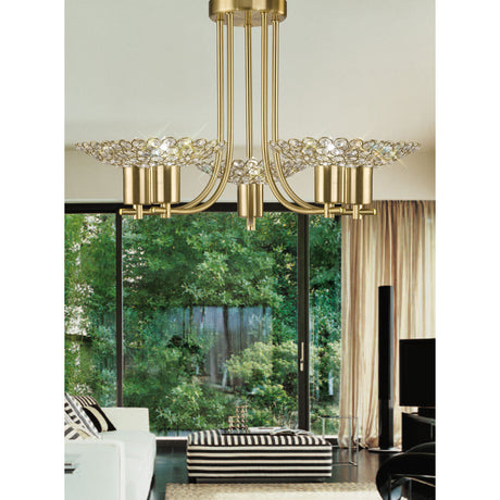 Ellen 5 Light G9 Semi Flush Ceiling Light in satin brass with crystal-edged arms, shown above a living room seating area with a garden view.