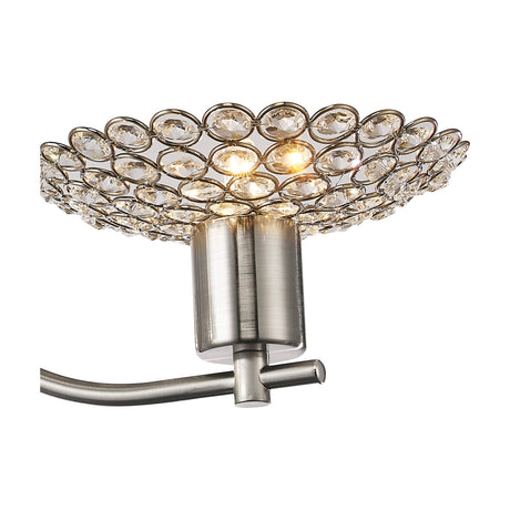 Ellen 3 Light G9 Semi Flush Ceiling Light 56cm in satin nickel with clear crystal detailing and visible mounting bracket, shown lit against a plain white background.