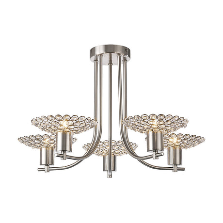 Ellen 5 Light G9 Semi Flush Ceiling Light, 58cm, satin nickel frame with five clear crystal-dressed arms, shown on a plain white background.