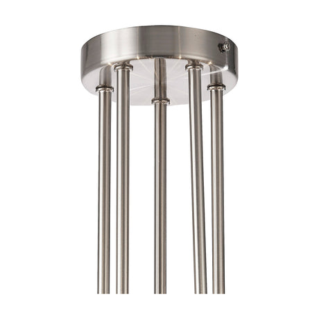 Ellen 5 Light G9 Semi Flush Ceiling Light 58cm in satin nickel, showing the round ceiling plate with five straight rods on a plain white background.