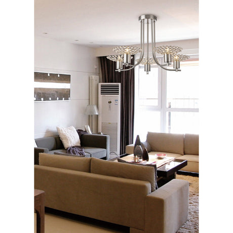 Ellen 5 Light G9 Semi Flush Ceiling Light in satin nickel with clear crystal shades, shown centred above a beige living room seating area.
