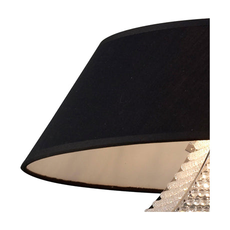 Close-up of the Davina 3 Light G9 Pendant, 50cm black drum shade edge showing polished chrome frame and clear crystal drops inside, on a white background.