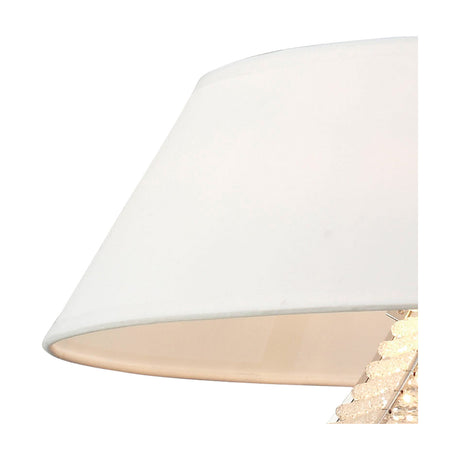 Close-up of the Davina 3 Light G9 Pendant Light, 50cm white fabric shade angled to reveal polished chrome fittings and clear crystal detailing beneath, on a plain background.
