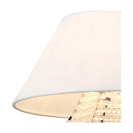 Close-up of the Davina 2 Light G9 Pendant Light, 35cm white fabric shade with polished chrome frame and clear crystal panels visible beneath, on a plain white background.