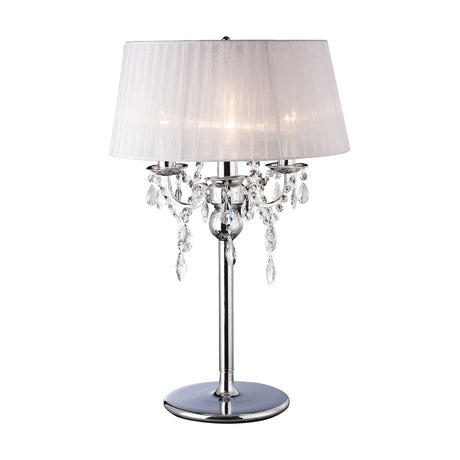 Olivia 3 Light E14 Table Lamp, 40cm, with a pleated white fabric shade over a polished chrome column and cascading clear crystal drops, on a plain white background.