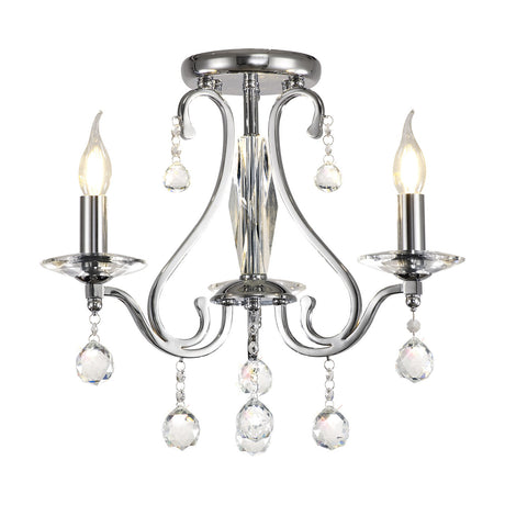 Bianco 3 Light E14 ceiling light in polished chrome, with scrolled arms, candle-style bulbs, and hanging clear crystal drops, shown on a white background.