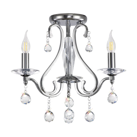 Bianco 3 Light E14 ceiling light in polished chrome, 44cm, with scrolled arms, candle-style bulbs, and clear crystal drops on a white background.