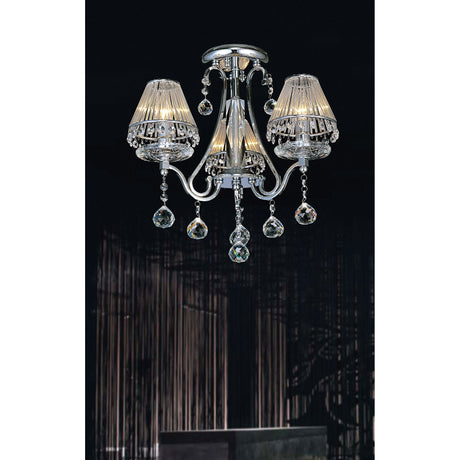Bianco 3 Light E14 ceiling light, 44cm, polished chrome frame with clear crystal shades and hanging droplets, shown against a dark background.