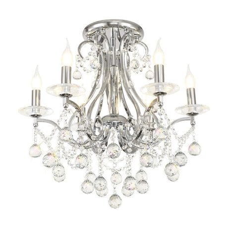 Bianco 6 Light E14 Chandelier 61cm in polished chrome, with candle-style bulbs and cascading clear crystal drops, shown on a plain white background.