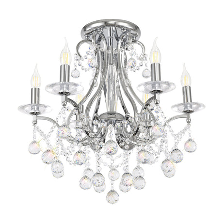 Bianco 6 Light E14 Chandelier, 61cm, with a polished chrome frame, curved scrolling arms, candle-style bulbs, and clear crystal drops, shown on a plain white background.