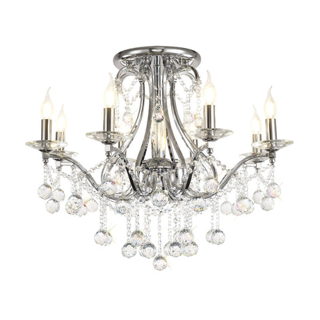 Bianco 8 Light E14 Chandelier in polished chrome, 74cm wide with curved arms, candle-style bulbs, and clear crystal droplets, shown on a plain white background.