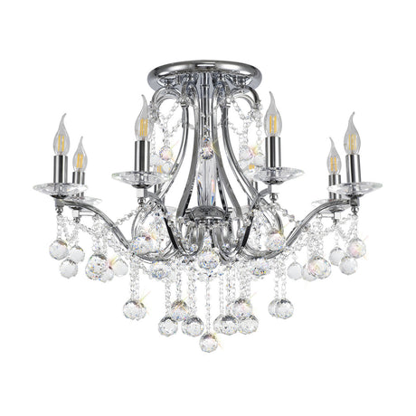Bianco 8 Light E14 Chandelier 74cm in polished chrome, with candle-style bulbs and close-set clear crystal strands cascading below, shown on a plain white background.