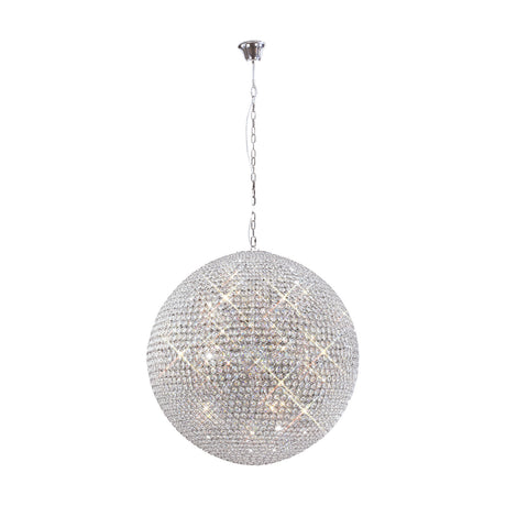 Ava 18 Light G9 Chandelier in polished chrome, a large spherical crystal fixture on chain suspension, shown on a plain white background.