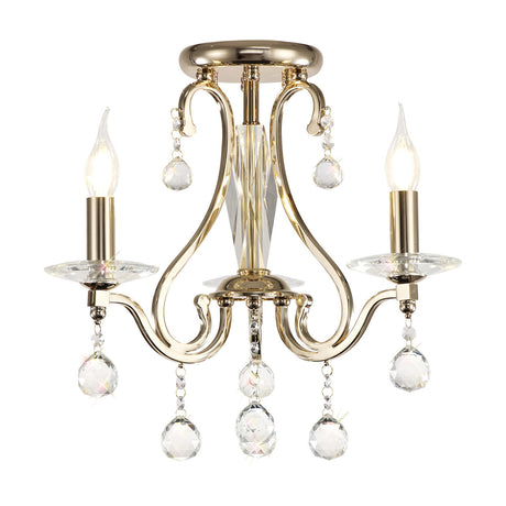 Bianco 3 Light E14 semi-flush ceiling light in French gold with scrolled arms, candle bulbs, and clear crystal drops, shown on a white background.