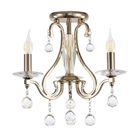 Bianco 3 Light E14 ceiling light in French gold with scrolled arms, candle-style bulbs, and hanging crystal droplets, shown against a plain white background.