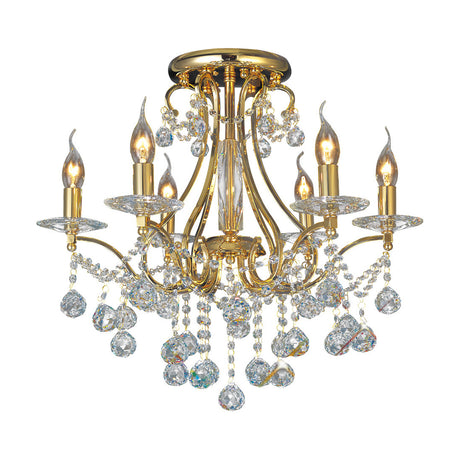 Bianco 6 Light E14 Chandelier in French gold finish with clear crystal drops and candle-style bulbs, shown on a plain white background.