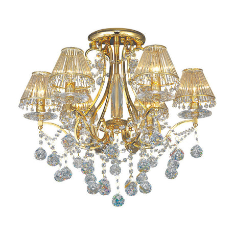 Bianco 6-light E14 chandelier, 61cm, French gold frame with pleated fabric shades and clear crystal drops, shown on a plain white background.