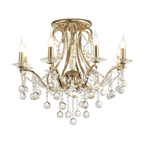 Bianco 8 Light E14 Chandelier 74cm in French gold finish, with scrolled arms, candle-style bulbs, and clear faceted crystal drops, shown on a plain white background.