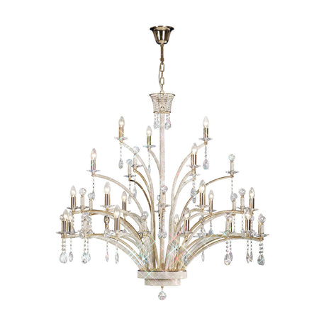 Orlando 21 Light E14 Chandelier in French gold, tiered branching arms with candle lamps and clear crystal drops, on a plain white background.